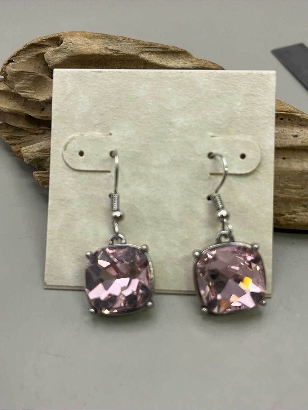 Blush Pink Crystal Cushion Cut Dangle Earrings Silver Tone
